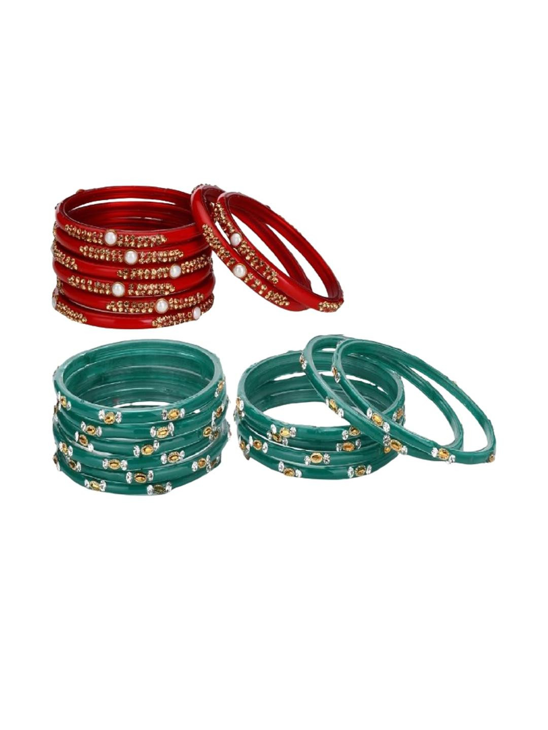 1ST TIME Red And Turquoise Blue Traditional Glass Bangles Set