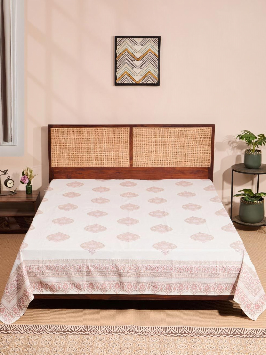 Fabindia Gulab Pink & White Printed Cotton 120 TC Double Bed-King Bed Cover