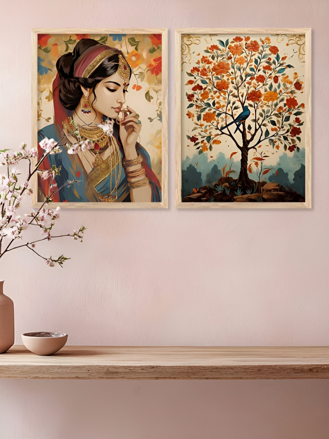 Kotart Brown, Orange & Blue 2 Pieces Floral and Botanical Wooden Wall Arts