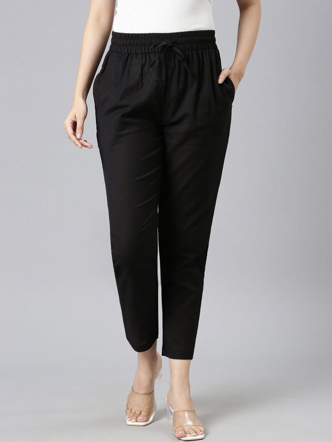 TWIN BIRDS Women Black Cotton-Linen Solid Straight Pant