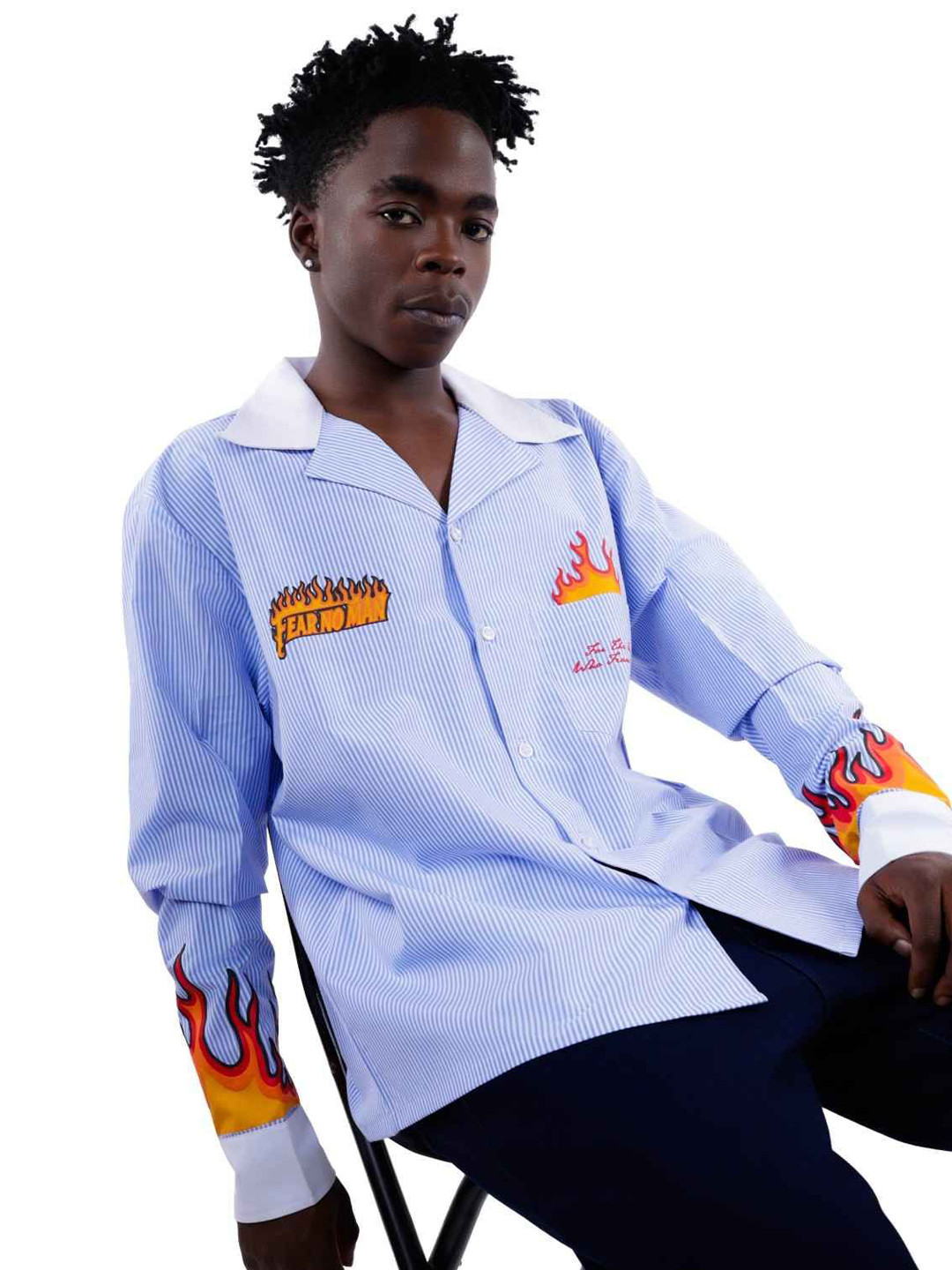 Fear No Man Men Flame Striped Oversized Cotton Casual Shirt