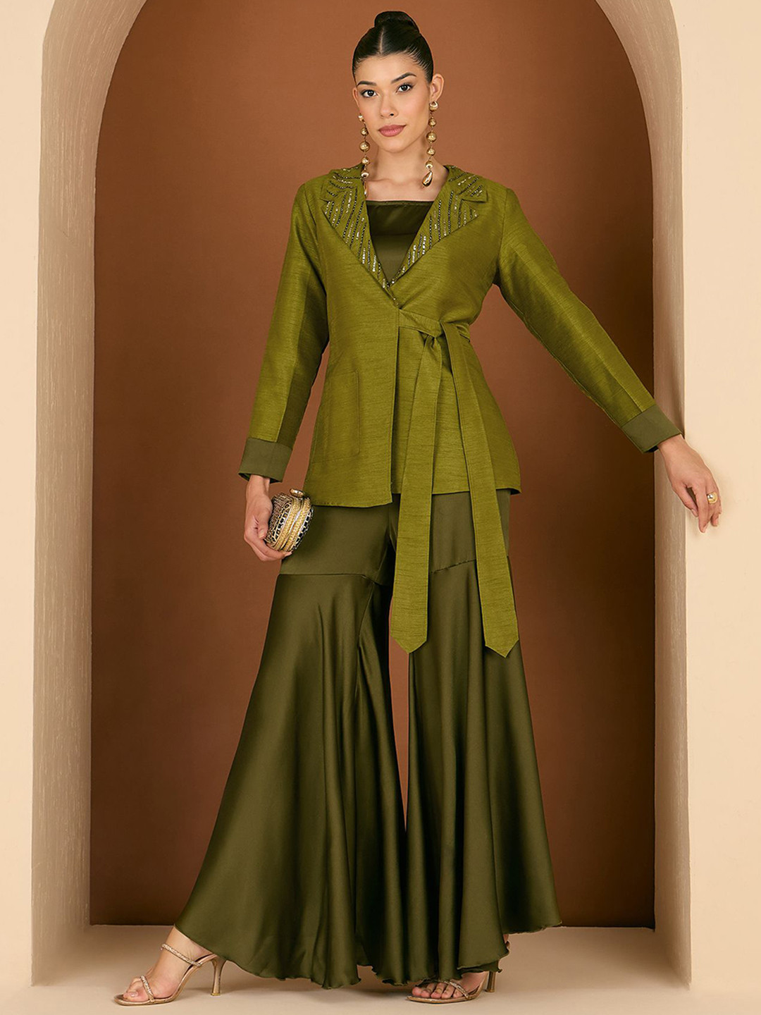 Antheaa Embellished Raw Silk Blazer With Sharara Co-Ords
