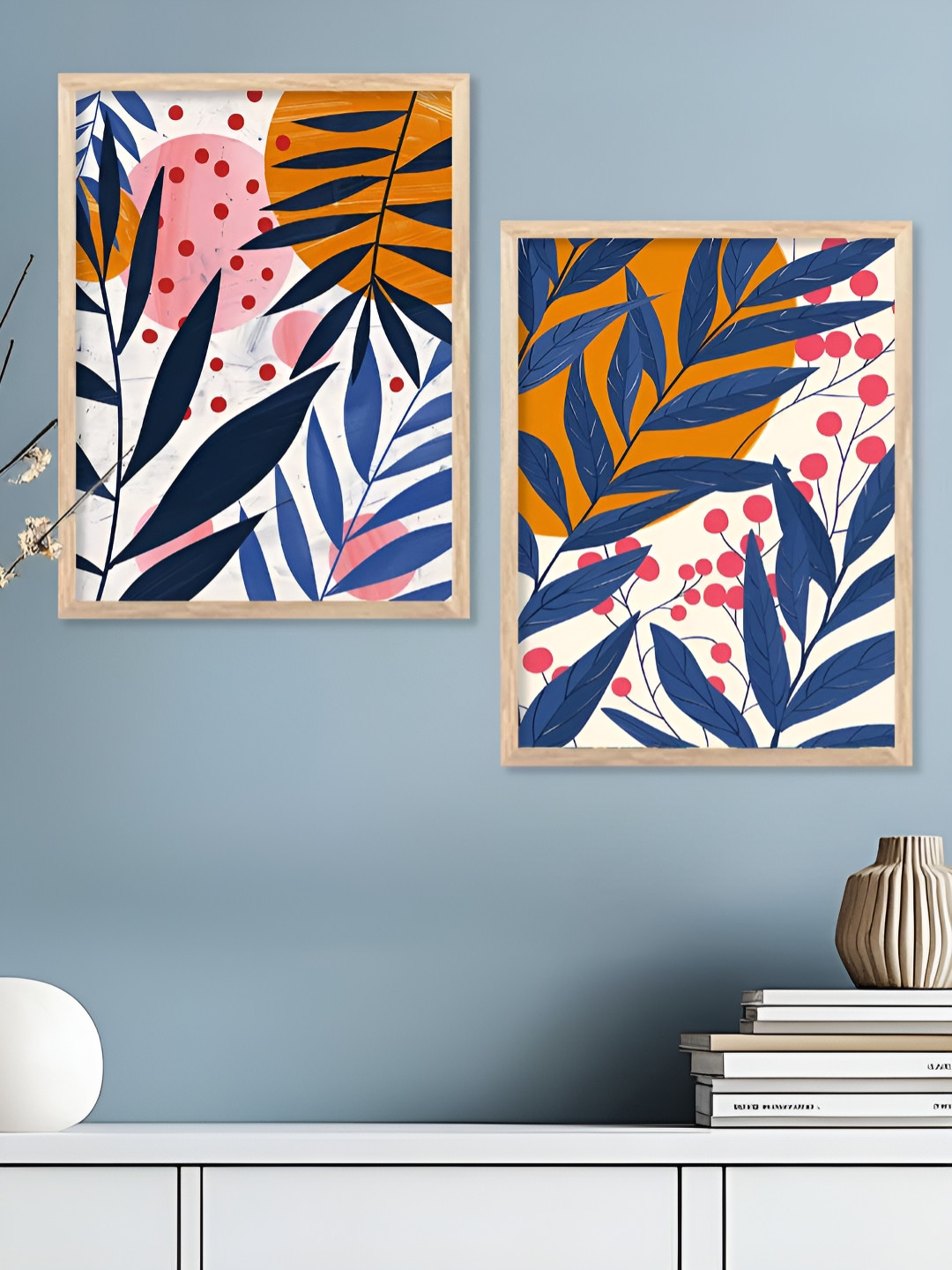 Kotart Brown, Blue & Orange 2 Pieces Floral And Botanical Wooden Wall Arts