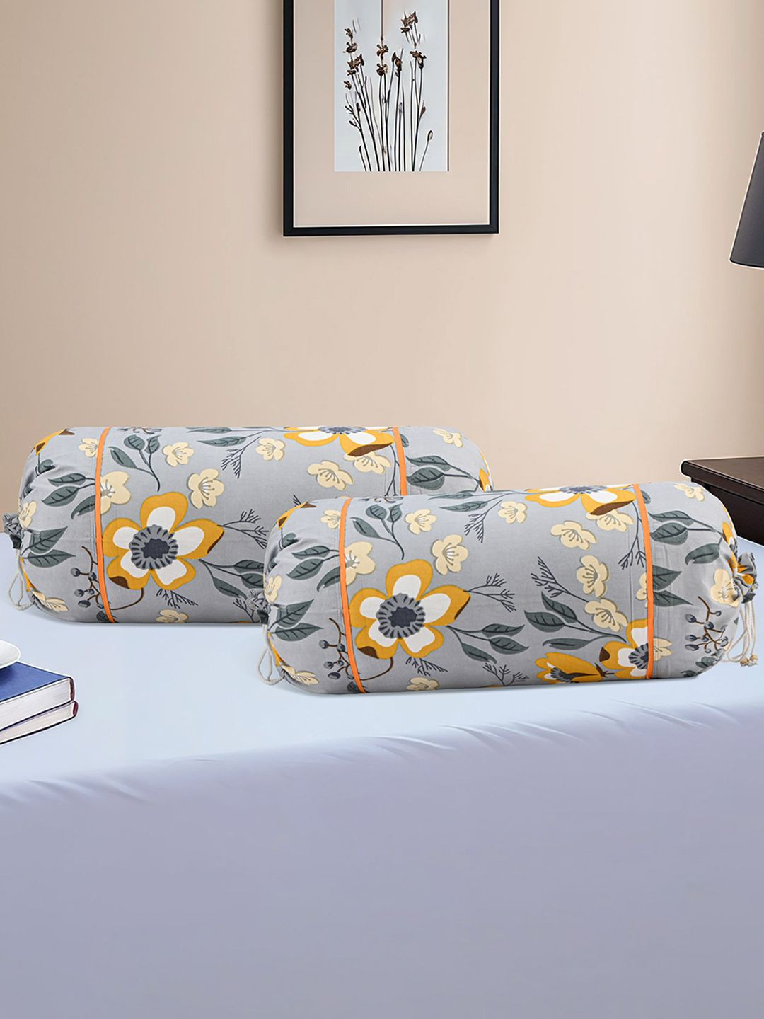 Kuber Industries 2Pcs Grey & Yellow Floral-Printed Cotton Bolster Covers With Drawstrings