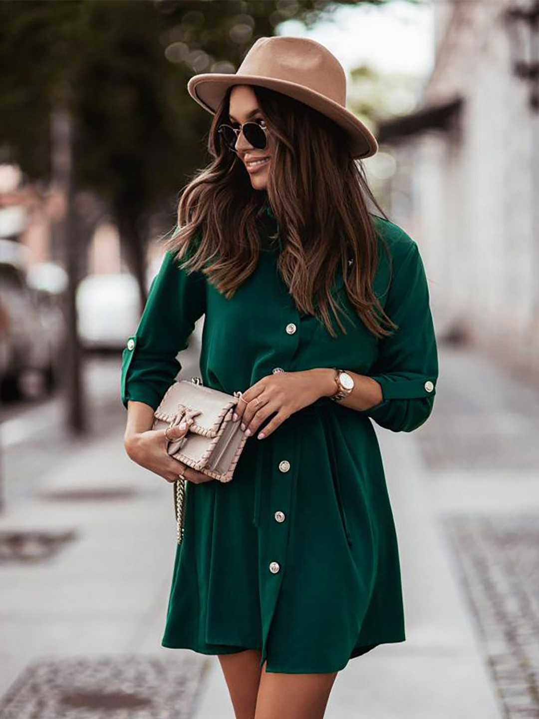 JC Mode Women Roll-Up Sleeves Shirt Mini Dress