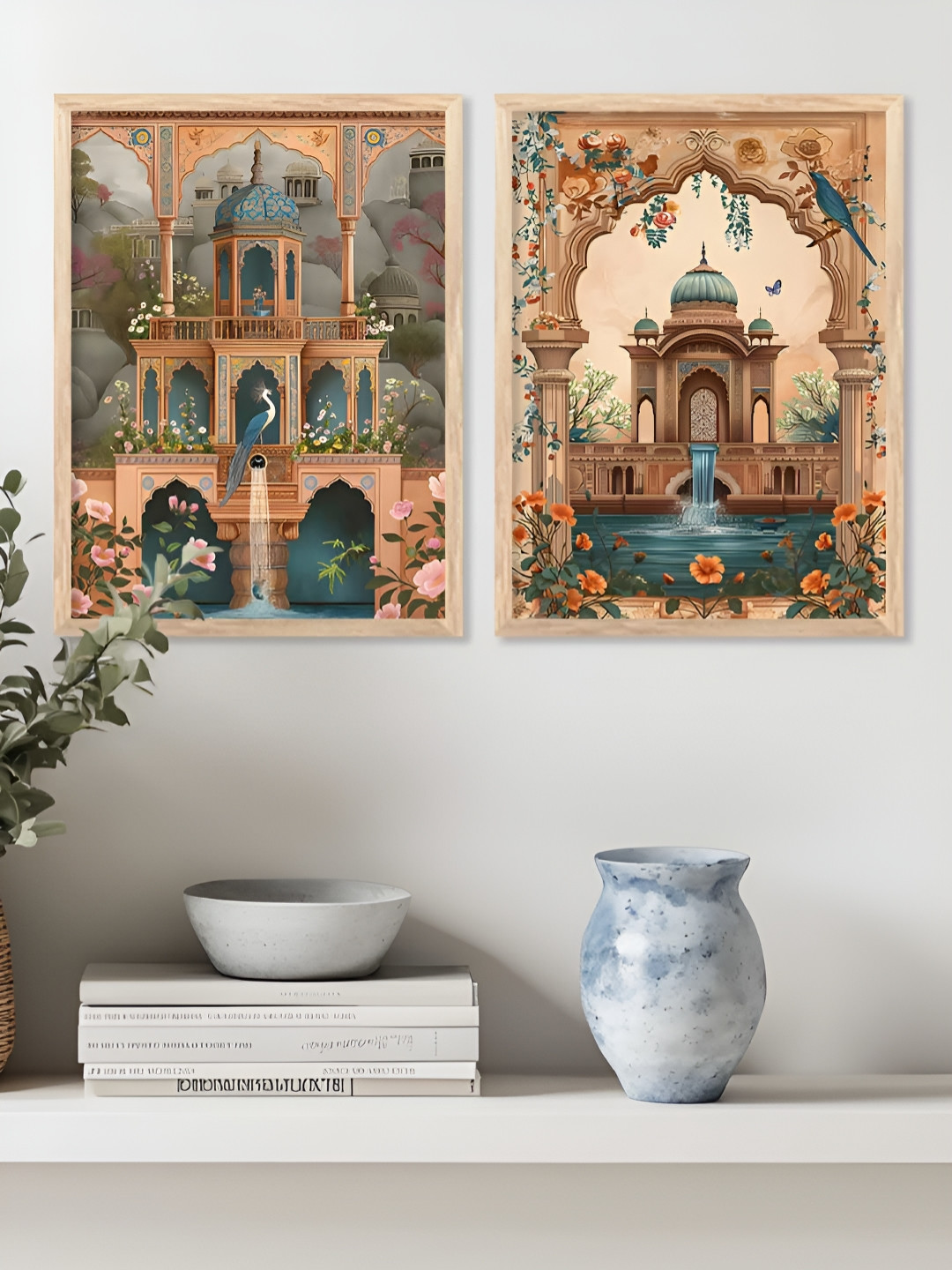 Kotart Traditional Brown & Peach Colored 2 Pieces Mahal Printed Wooden Wall Arts