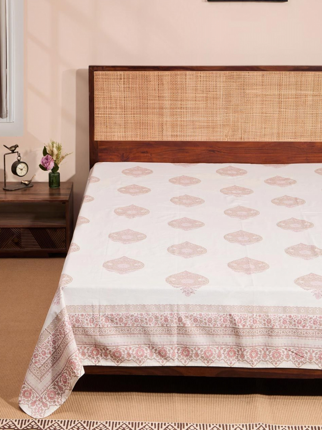 Fabindia Gulab Pink & White Printed Cotton 120 TC Single Bed Cover