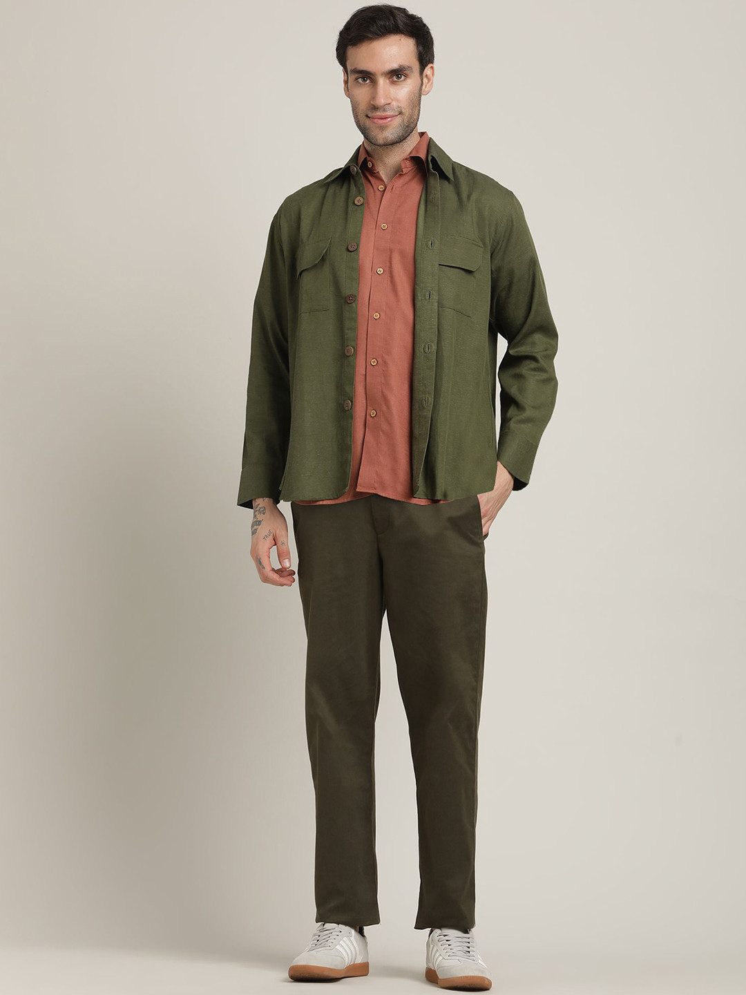 Saltpetre Men Olive Utility Overshirt with Half-Sleeve Shirt and Chinos pant Co-ord set