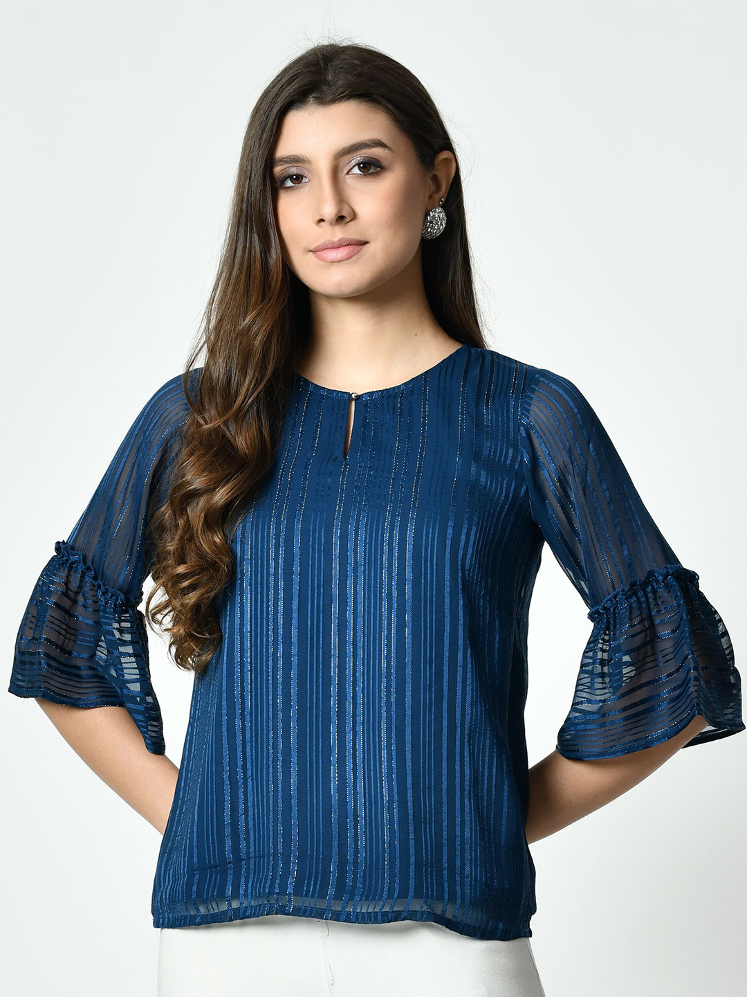 OTIRA Women Vertical Stripes Round Neck Cuffed Sleeves Regular Top