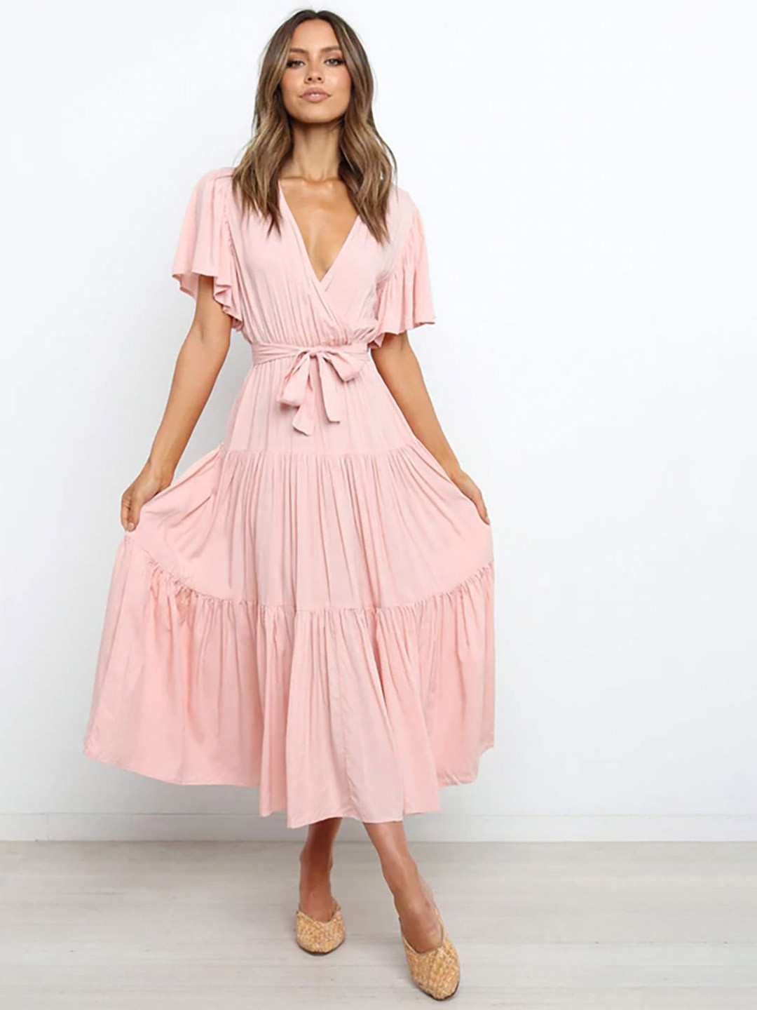 JC Mode Women Plunge Neck Tie-Ups Tiered Wrap Midi Dress