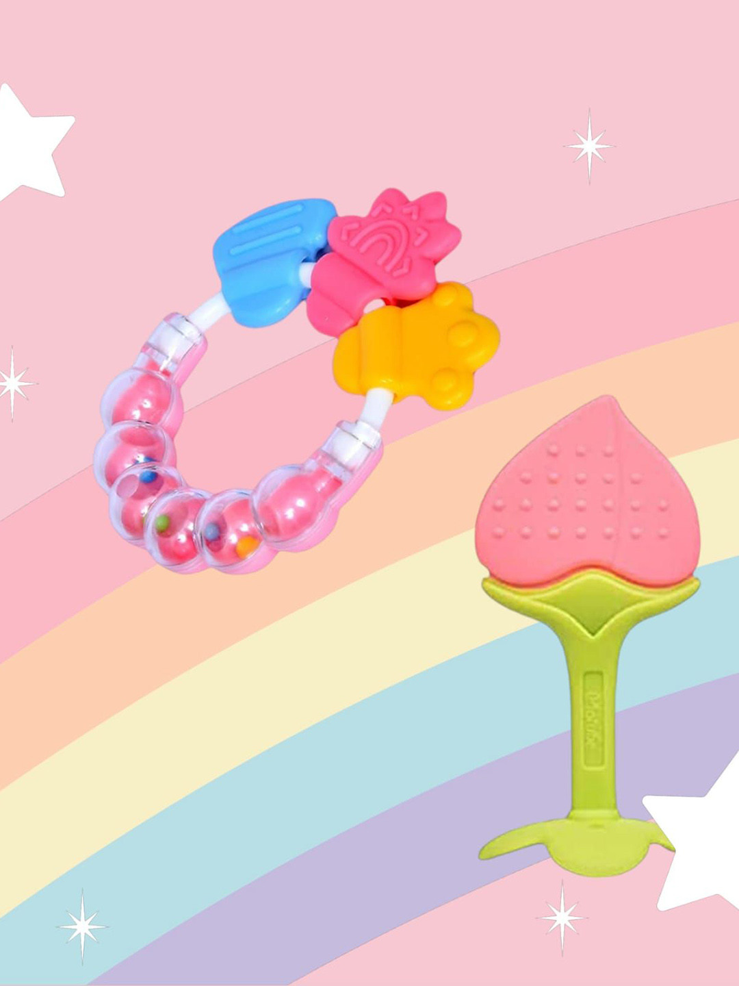 Joy Buzz Kids Set Of 2 Peach Colored & Pink Baby Rattle & Stand Teether