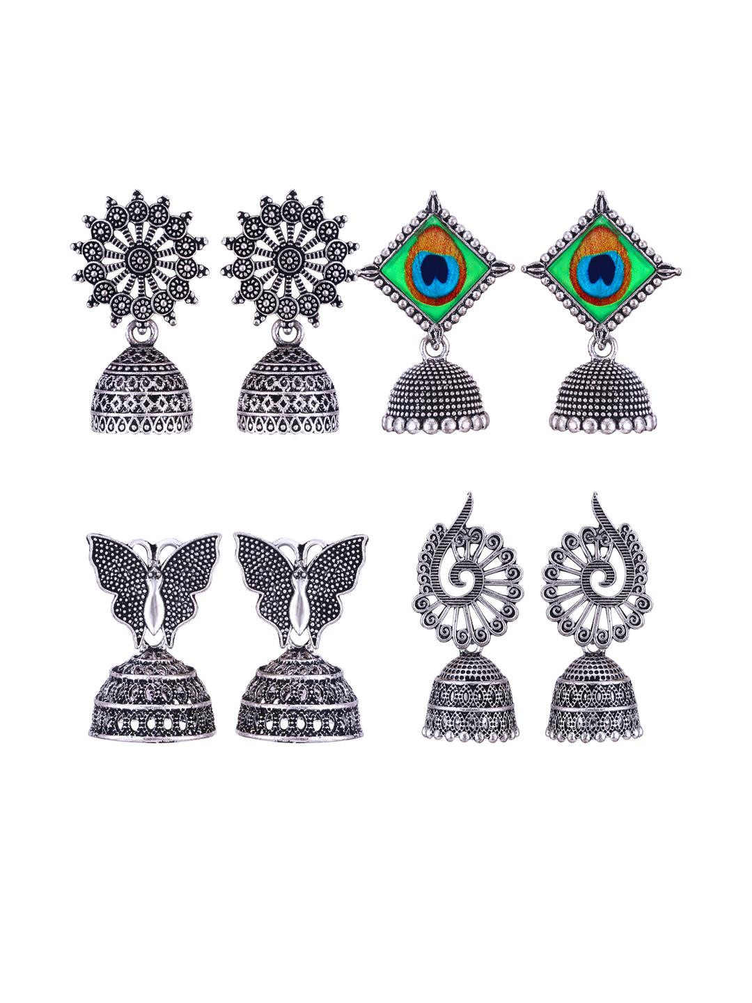 Sangria Women Pack Of 4 Silver Oxidised Peacock Shaped Jhumkas