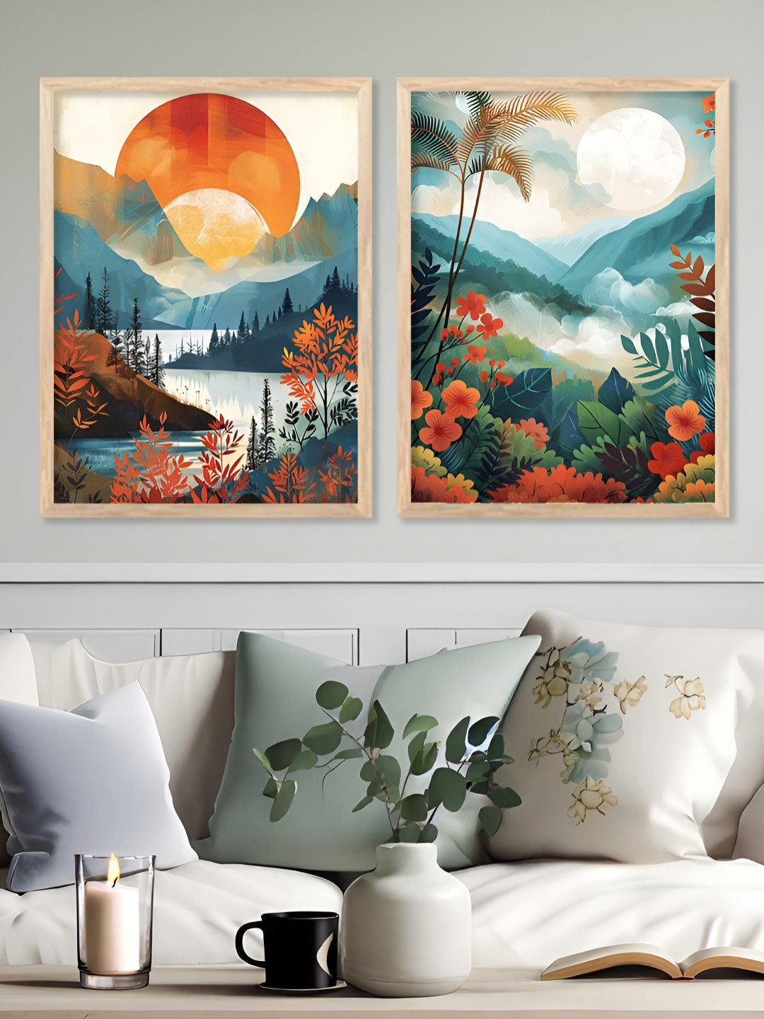 Kotart Brown & Orange Colored 2 Pieces Forest & Mountains Printed Wooden Wall Arts