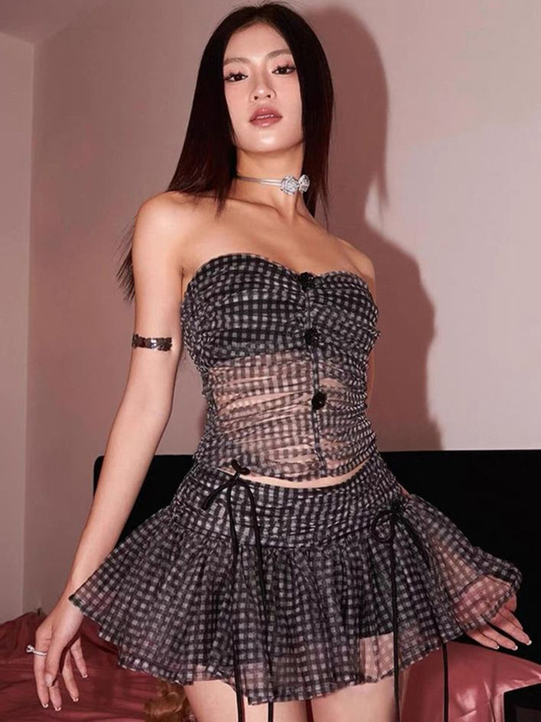 LULU & SKY Women Checked Strapless Neck Tube Top With Skirt Co-Ords