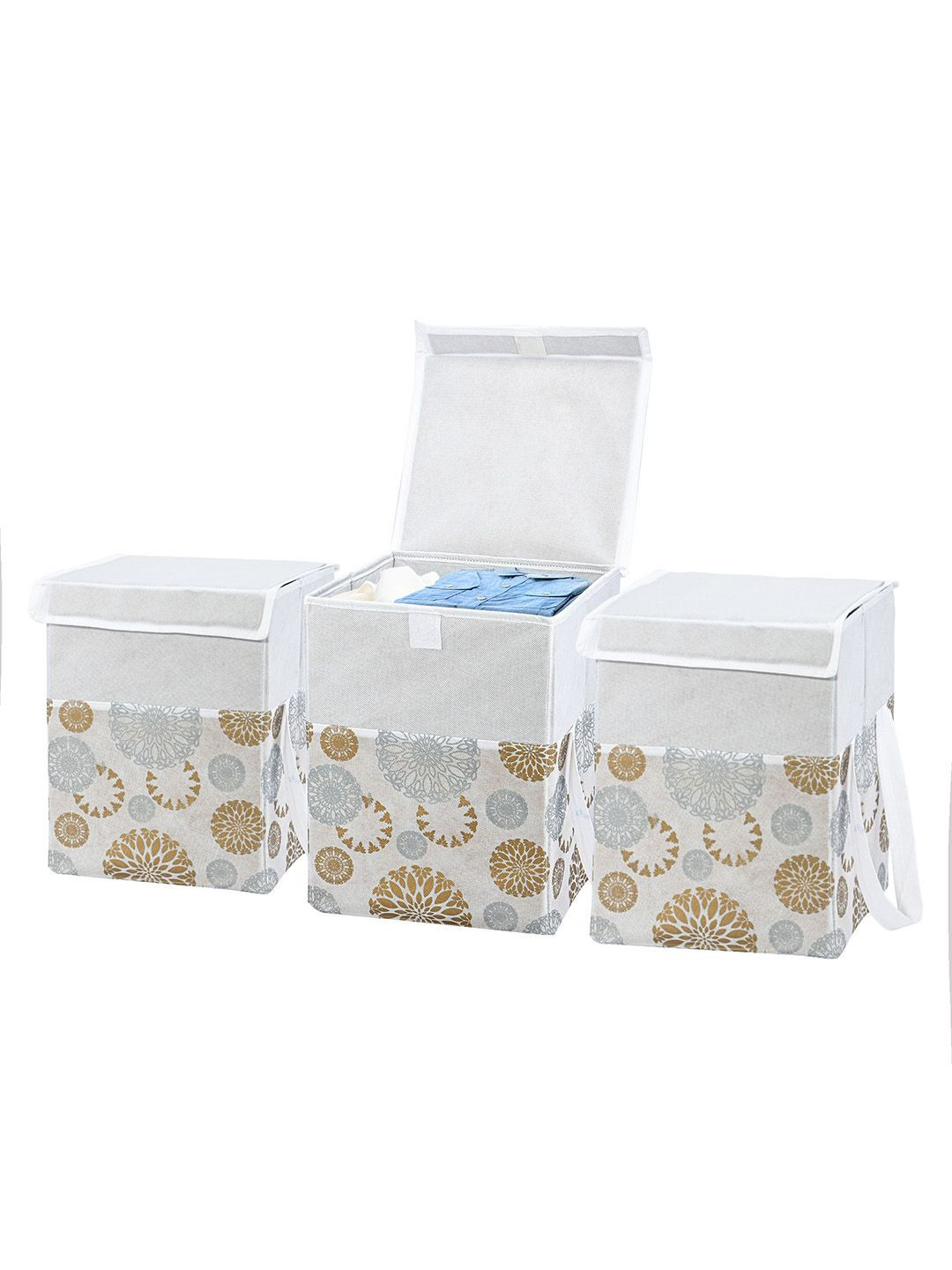 Kuber Industries 3 Pieces White & Brown Foldable Clothes Storage Box Organisers 40 L