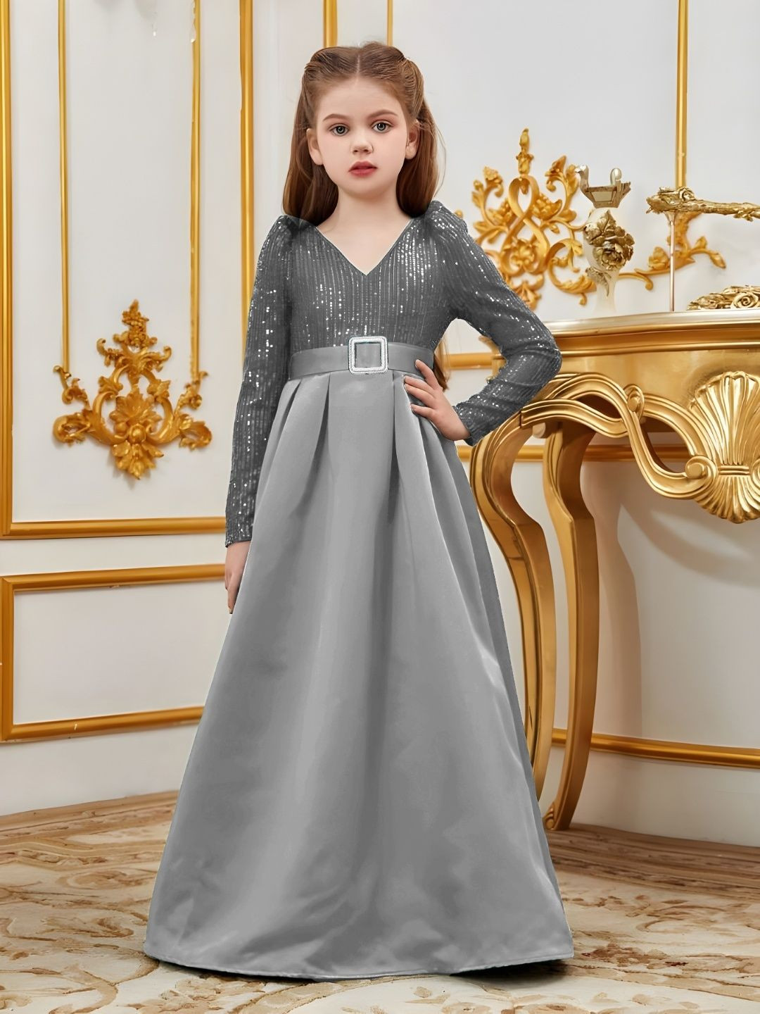 DP FABRICS Girls Embellished Belted Satin Maxi Dress