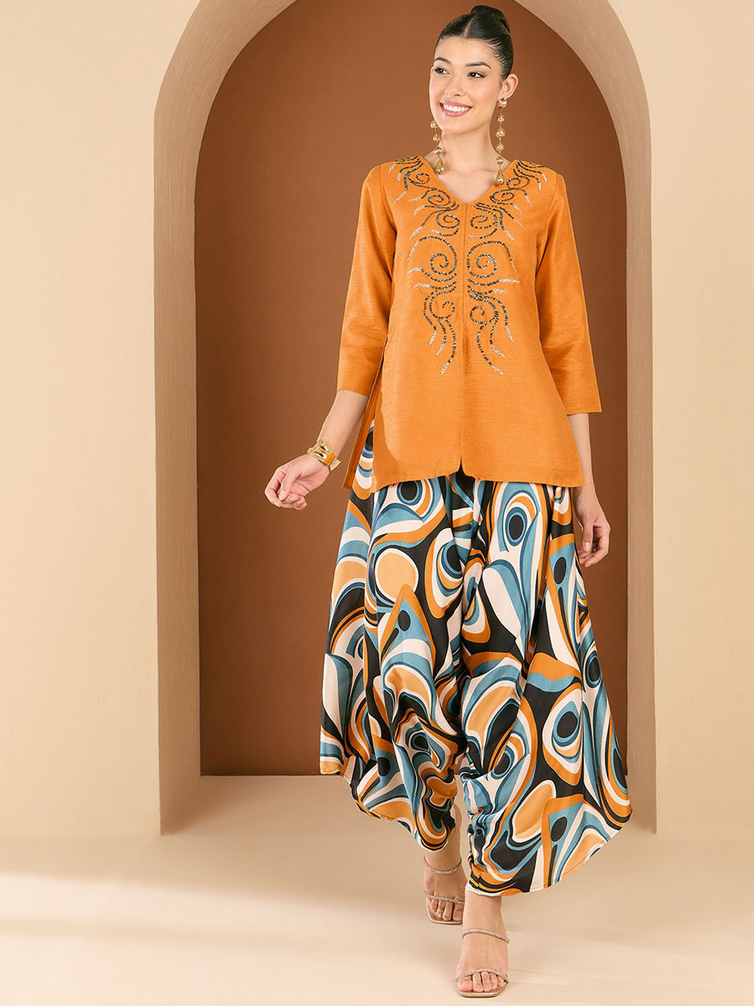 Antheaa Embellished Raw Silk Top With Printed Draped Trouser Co-Ords