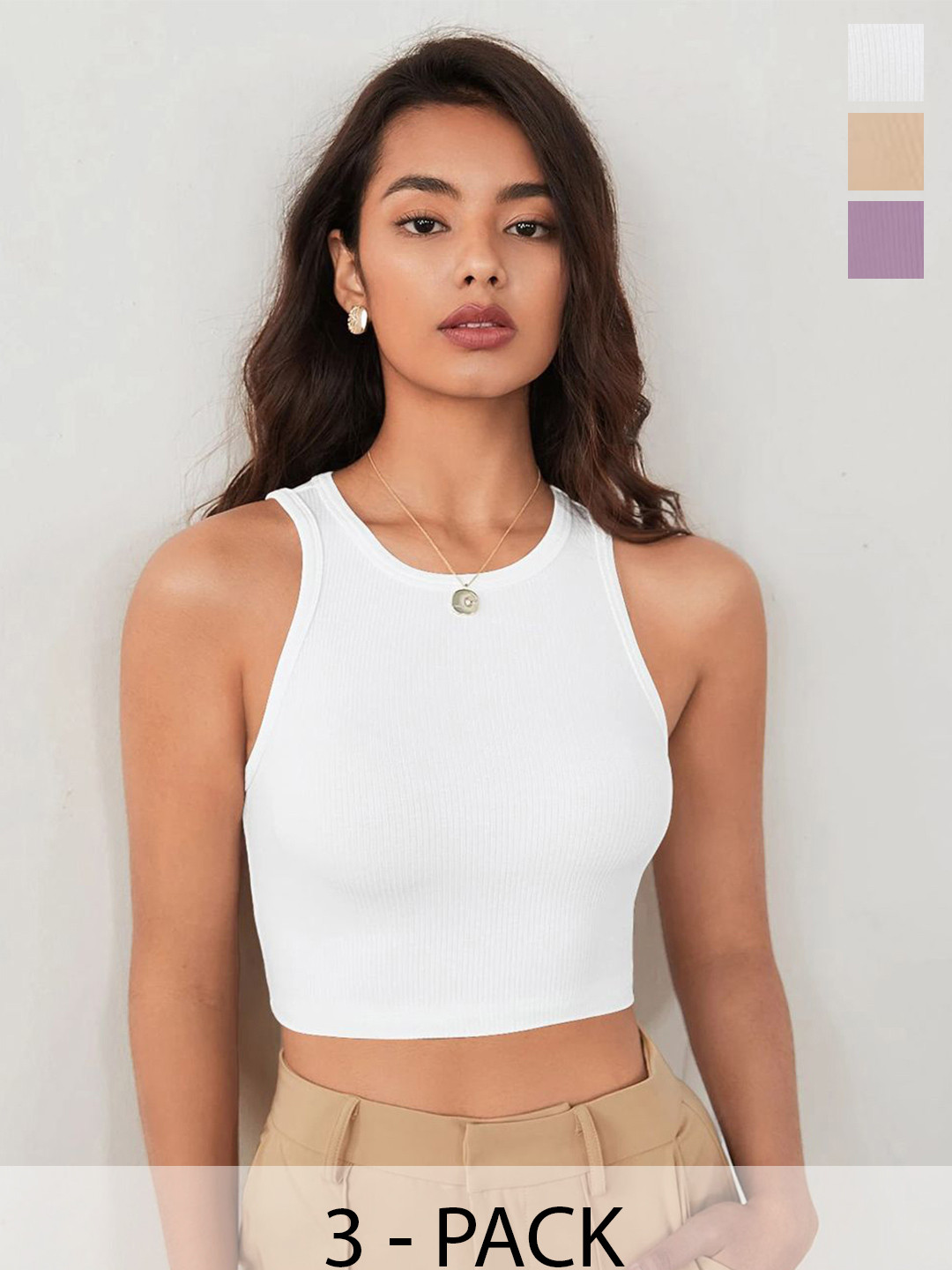 TOOCHKI Pack of 3 Solid Body Hugging Lycra Tank Crop Top