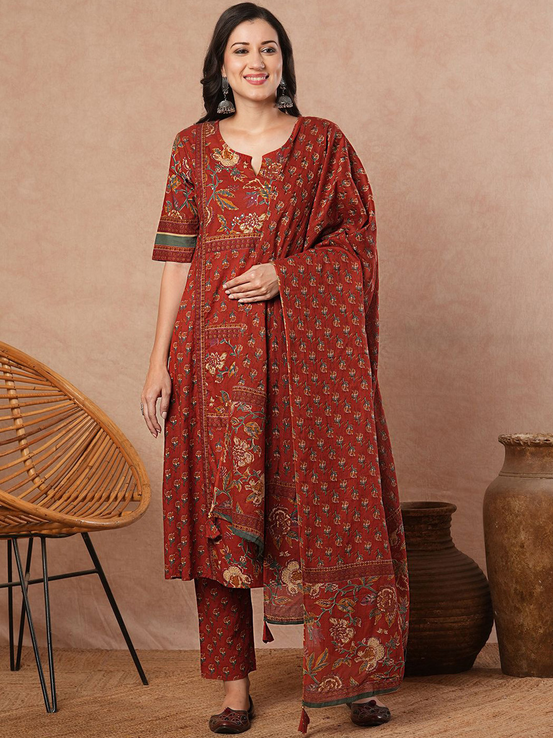 FASHOR Women Ethnic Motifs Printed A-Line Panelled Pure Cotton Kurta Set & Dupatta