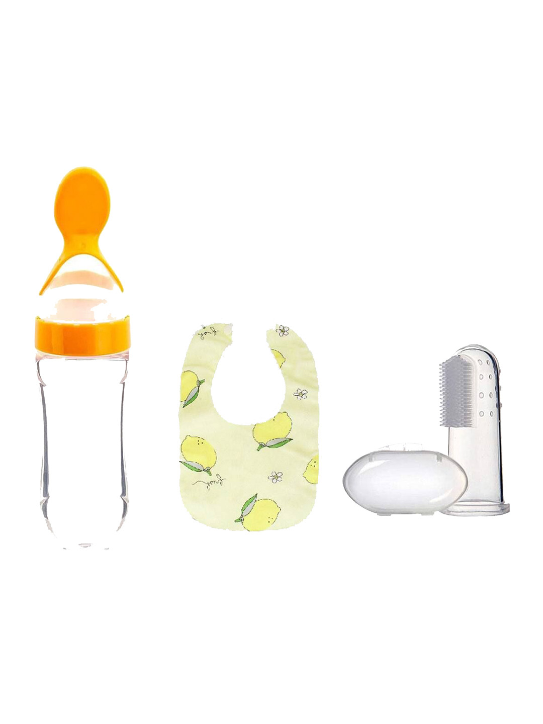 Joy Buzz Kids Set Of 3 Food Feeder Bib & Finger Toothbrush With Case - Orange Colored