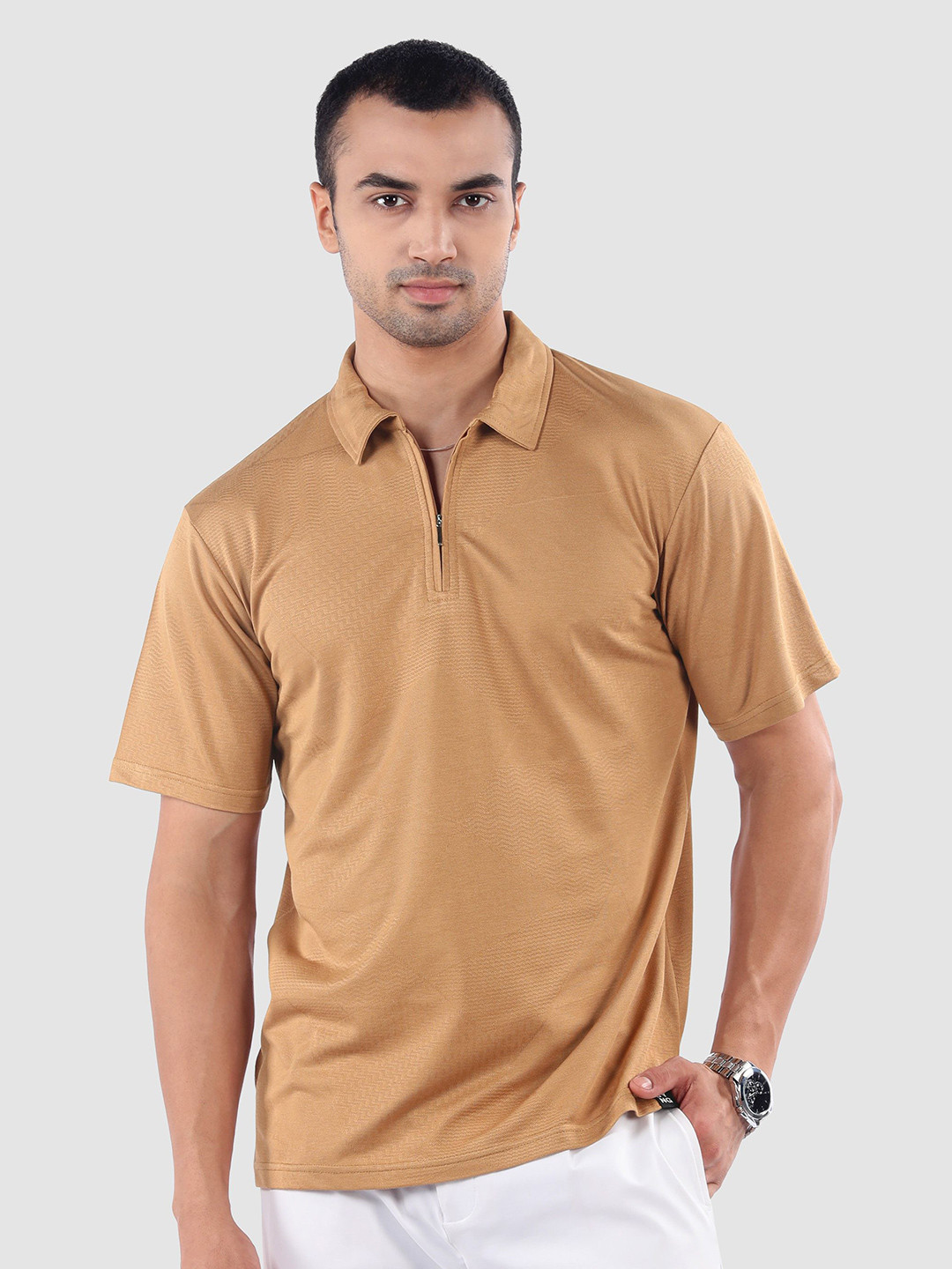 Beyoung Self Design Short Sleeves Polo Collar T-shirt