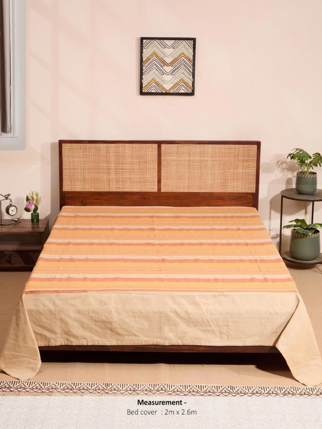Fabindia Beige & Yellow Striped Hand Woven Cotton 120 TC Double Bed-Queen Bed Cover