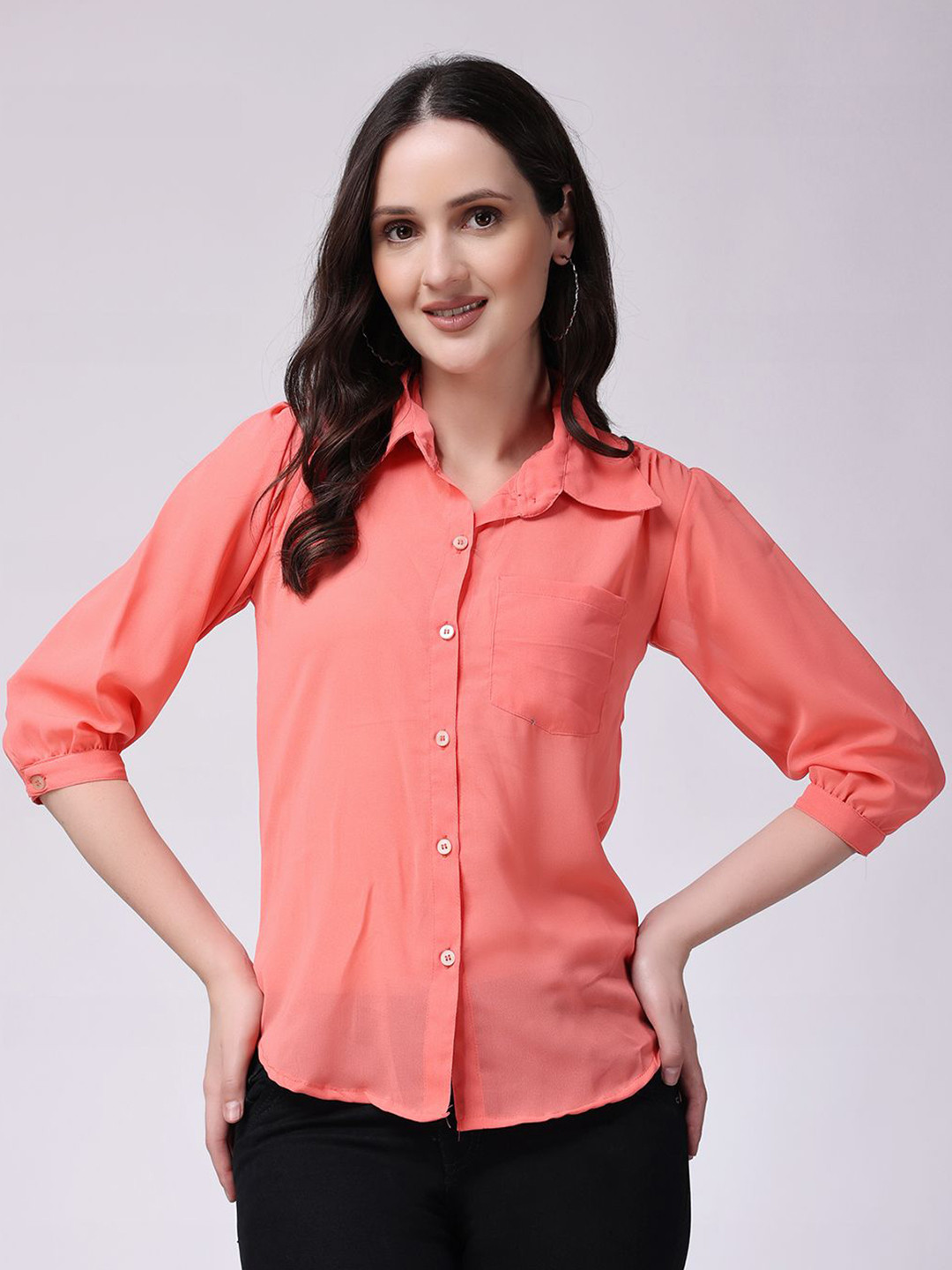 MINOS Puff Sleeves Spread Collar Slim Fit Georgette Casual Shirt