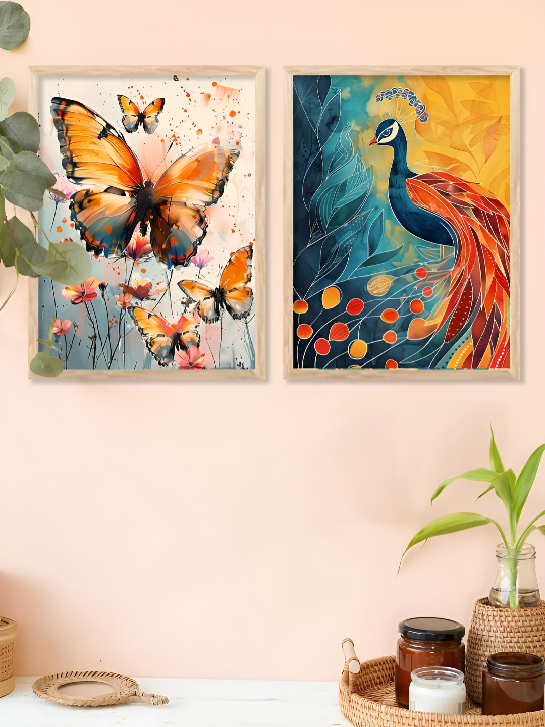 Kotart Brown, Orange & Green 2 Pieces Wooden Birds and Animals Wall Arts