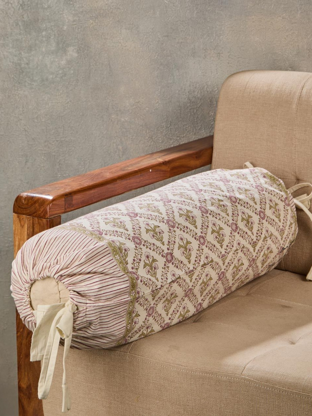 Fabindia Off White And Purple Floral Printed Cotton Bolster Cover