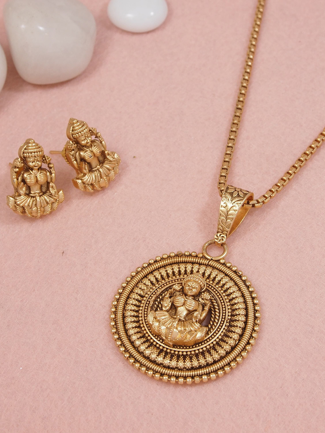 SGA FASHION Gold-Plated Antique Lakshmi Necklace With Earrings