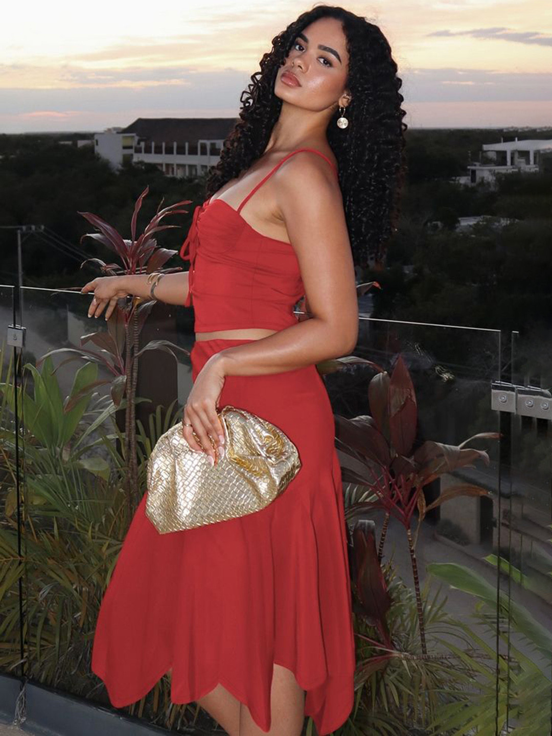 LULU & SKY Women Shoulder Straps Ruched Cami Top & Asymmetrical Hem Skirt Co-Ord Set