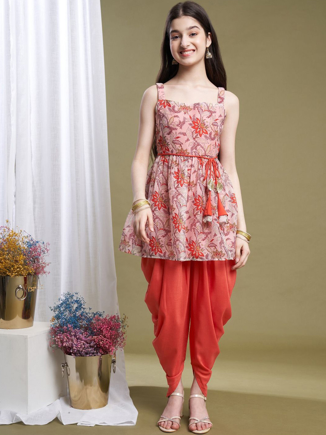 CurlyTales Girls Floral Printed Shoulder Straps Peplum Kurti with Dhoti Pants