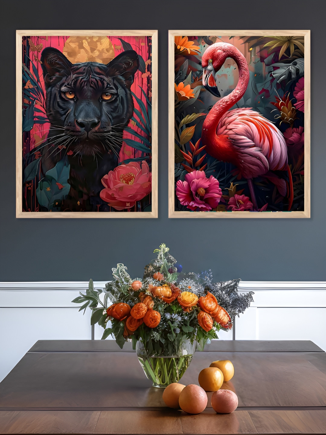 Kotart Brown & pink 2 Pieces Birds And Animals Printed Wooden Portrait Wall Arts