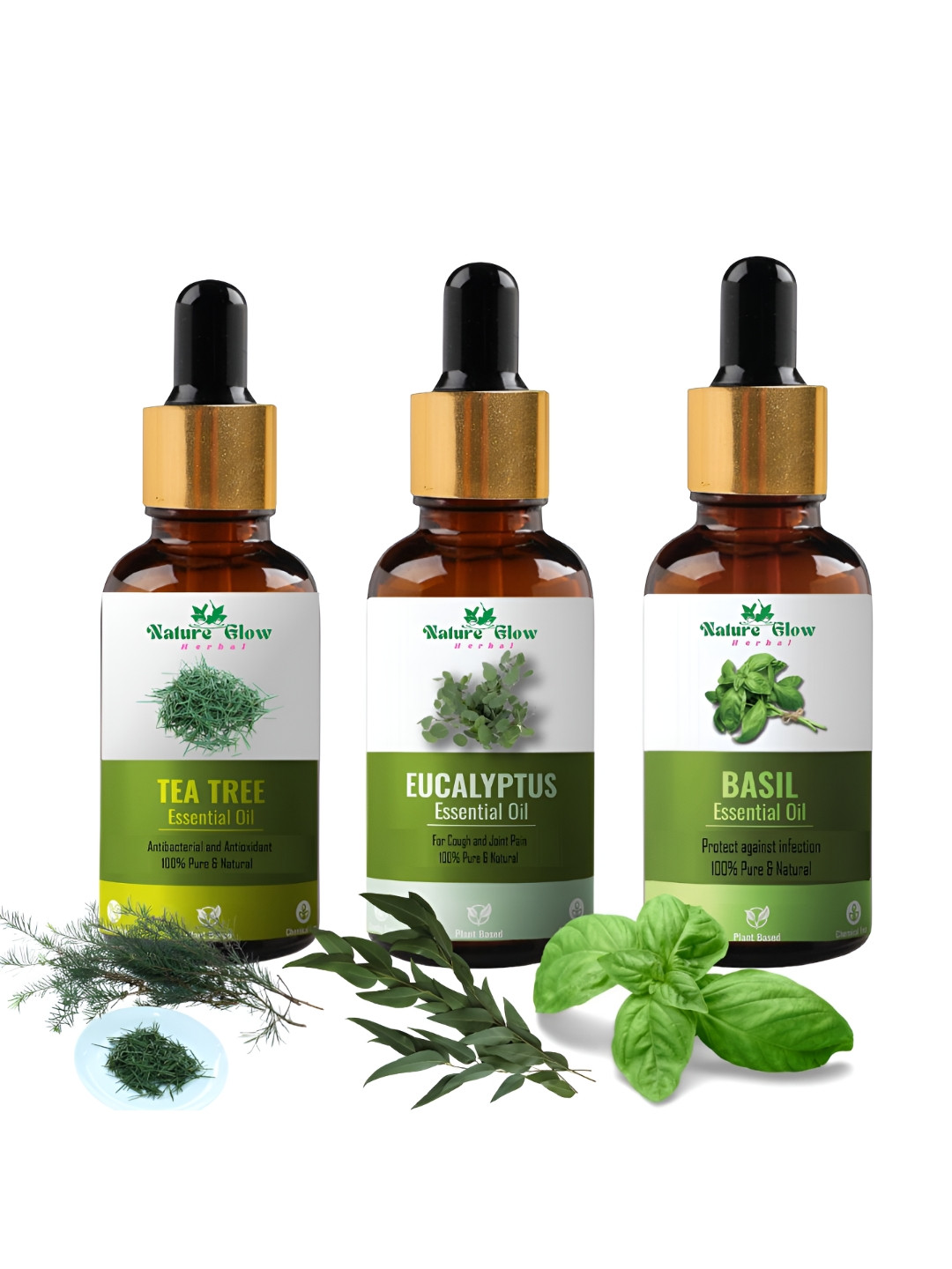 Nature Glow Herbal Set Of 3 Tea Tree With Eucalyptus & Basil Essential Oils- 15ml Each