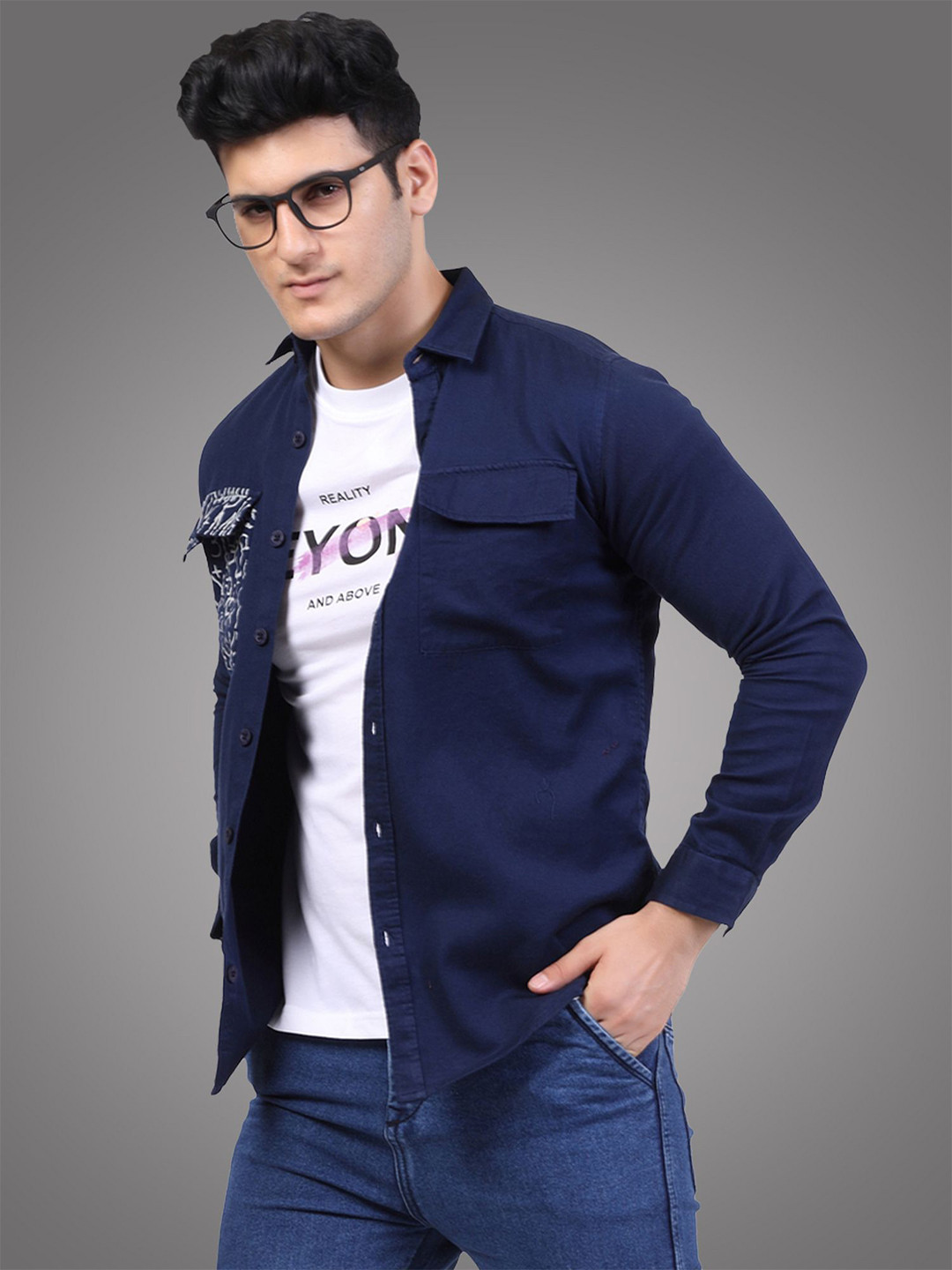 D Finish Smart Typography Printed Spread Collar Cotton Casual Shirt