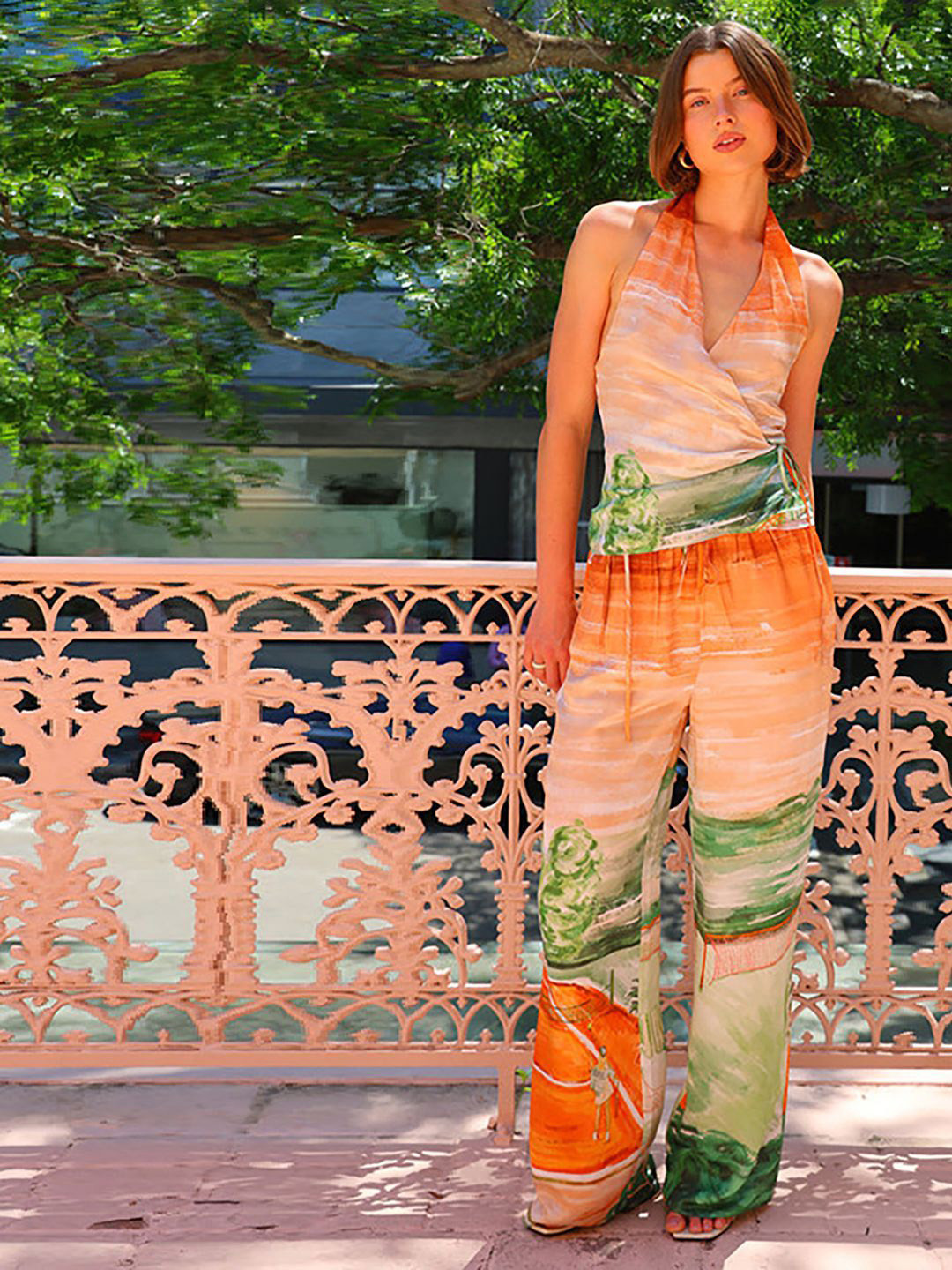 JC Mode Abstract Printed Halter Neck Top With Trousers