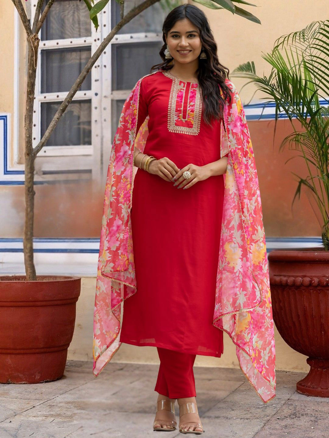 Navlik Yoke Design Round Neck Straight Kurta With Trousers & Dupatta