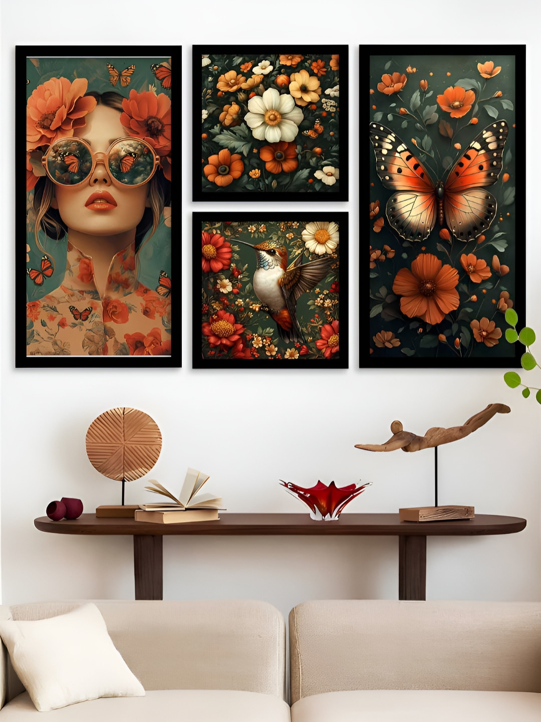 Kotart Black & Orange 4 Pieces Wood Floral and Botanical Wall Paintings