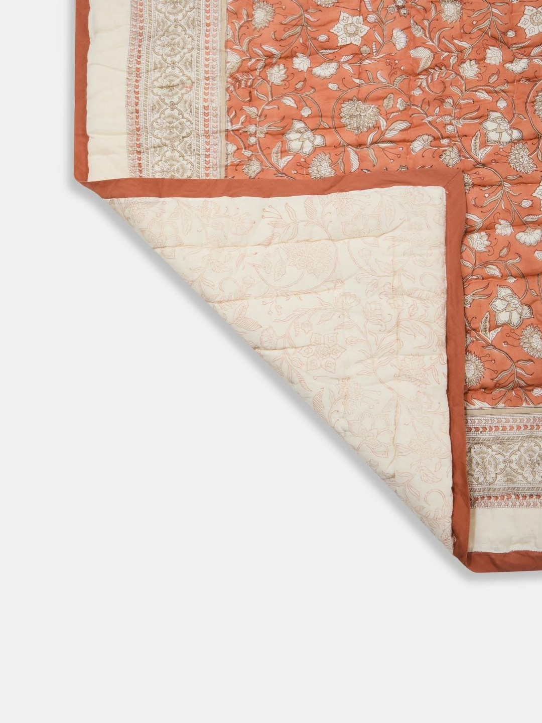 Fabindia Idhayan Orange & White Floral Printed AC Room 150 GSM Cotton Single Bed Quilt