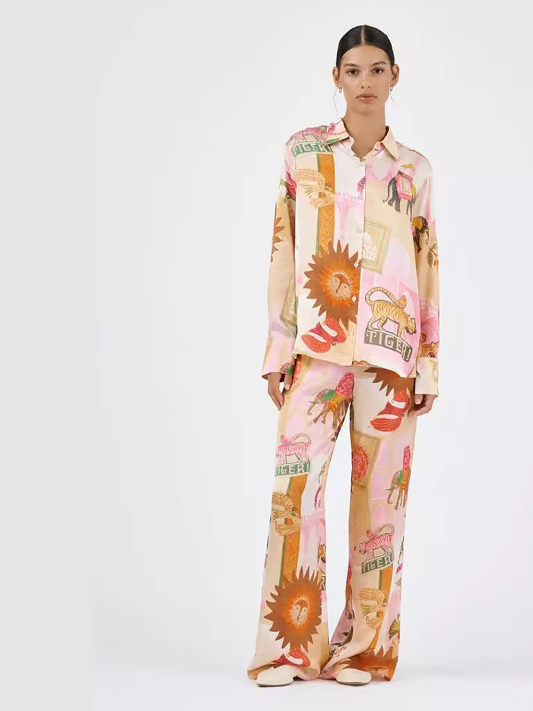 JC Mode Animal Printed Shirt Collar Long Sleeves Shirt With Trouser