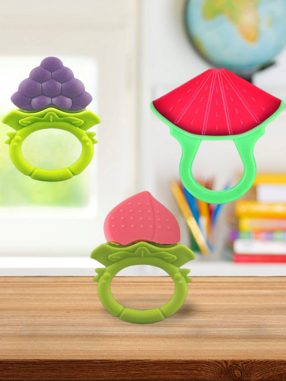 Joy Buzz Kids Set Of 3 Baby Fruit Teether - Red & Blue