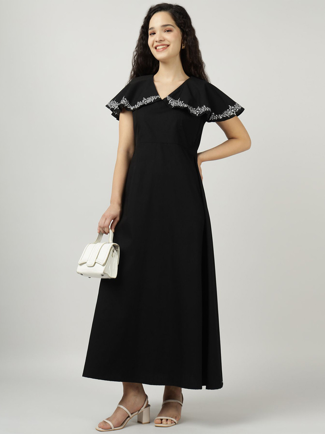 Sands of India Women Floral Embroidered Cape Sleeves V-Neck Cotton Maxi Dress