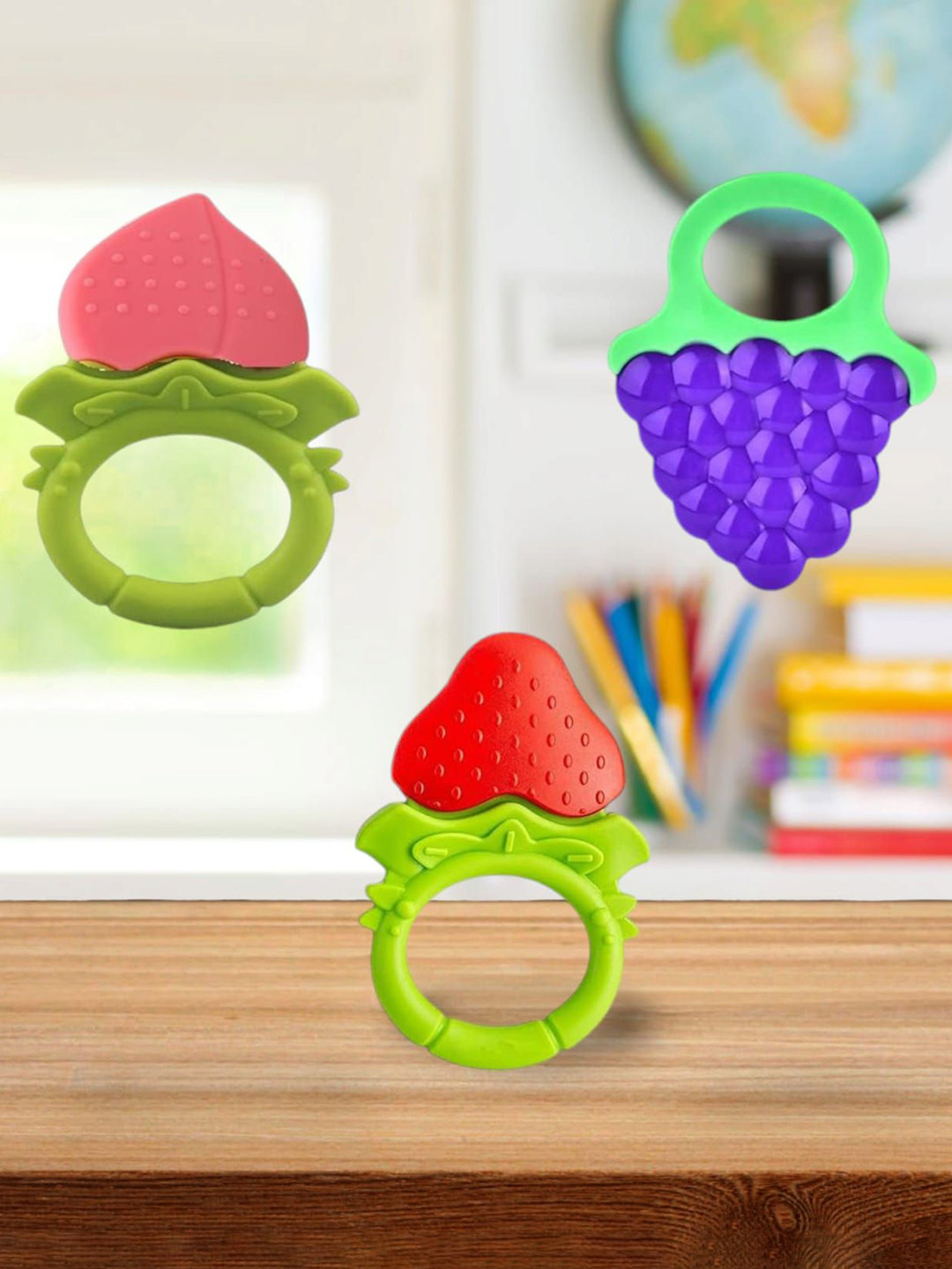 Joy Buzz Kids Set Of 3 Baby Fruit Teether - Red & Peach Colored & Blue