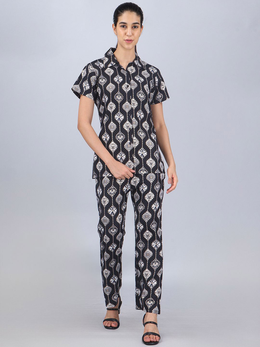 CLINT Printed Shirt Collar Top With Trousers Co-Ords Set
