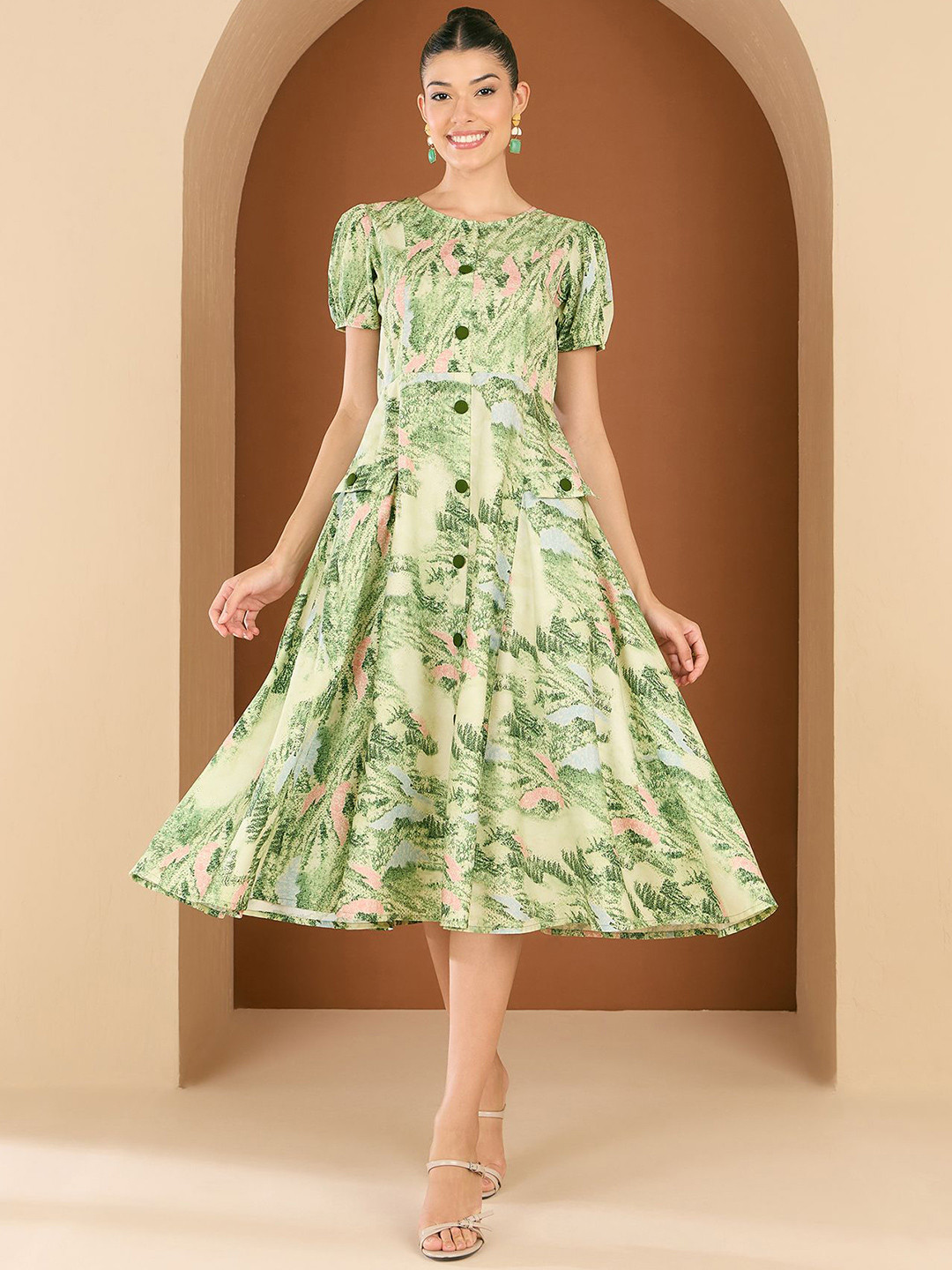 Antheaa Women Floral Printed American Crepe Fit & Flare Midi Dress