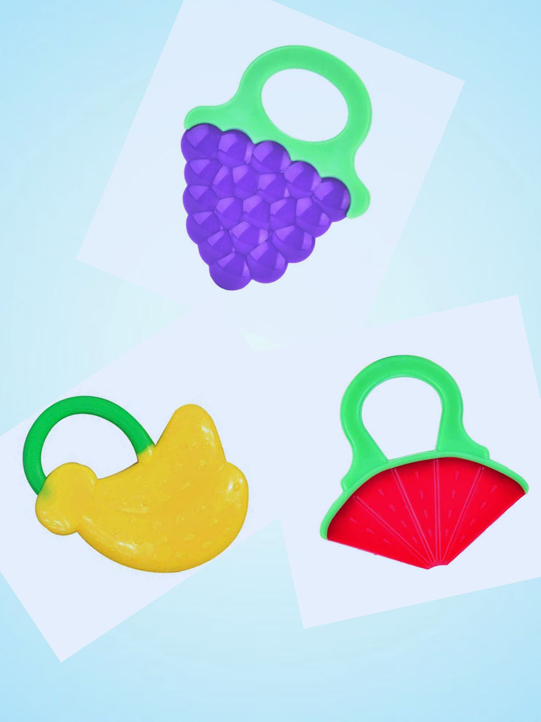 Joy Buzz Kids Set Of 3 Baby Fruit Teether - Yellow & Red & Blue