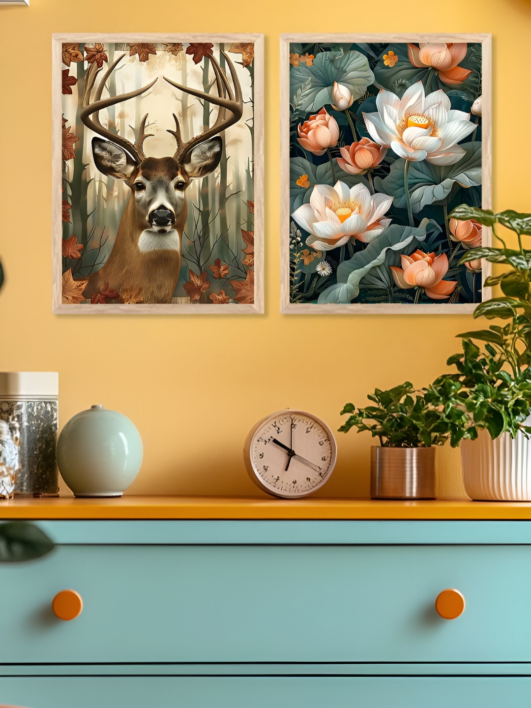 Kotart Brown & White 2 Pieces Floral & Deer Printed Wooden Wall Arts