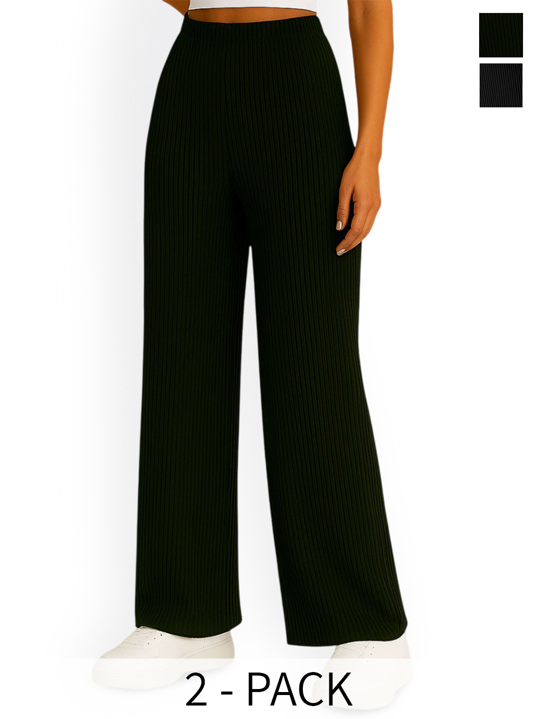 Fabflee Women Pack Of 2 Striped Comfort Straight Fit Trousers