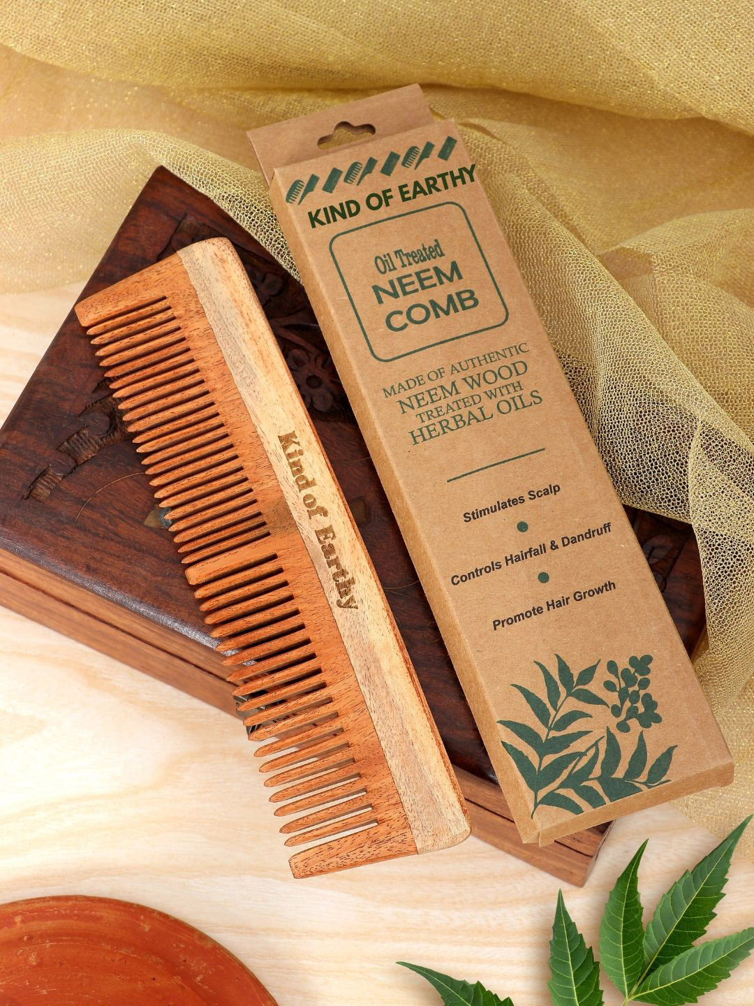 Kind of Earthy Set Of 2 Kacchi Neem Dual Tooth Comb & Bamboo Paddle Hair Brush