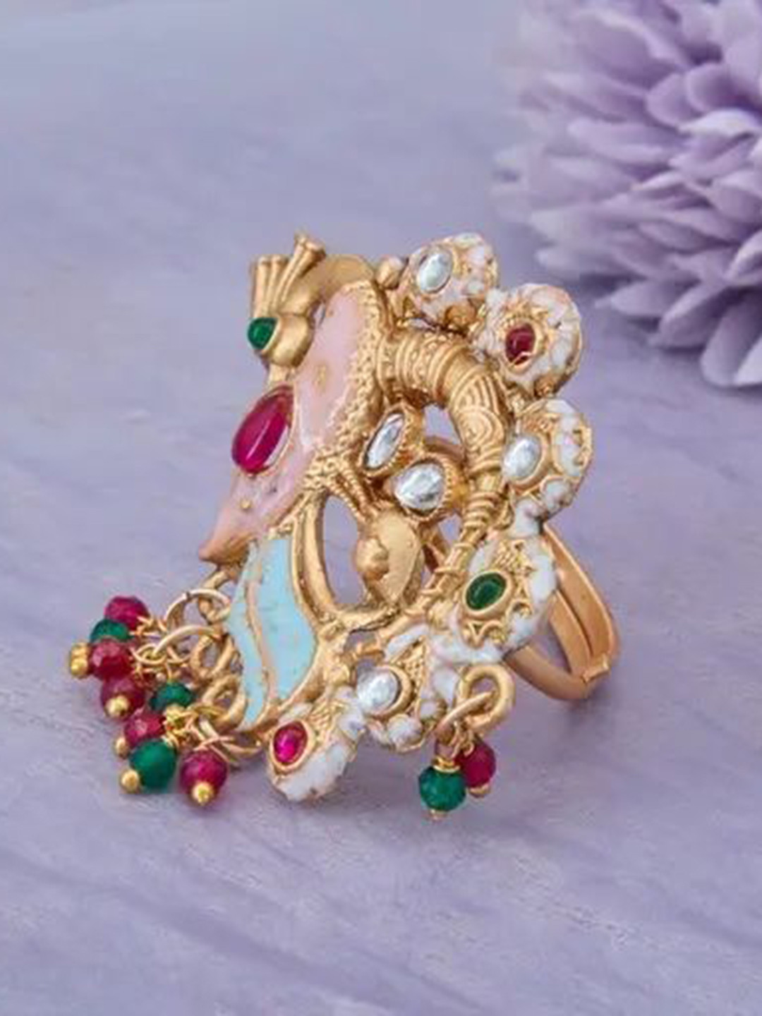 GC PREMIUM JEWELLERY Elephant Motif Kundan Stones & Beaded Finger Ring